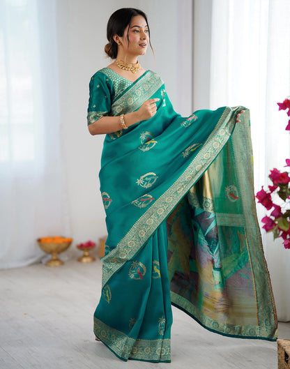 Teal Green Silk Woven Saree