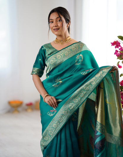 Teal Green Silk Woven Saree
