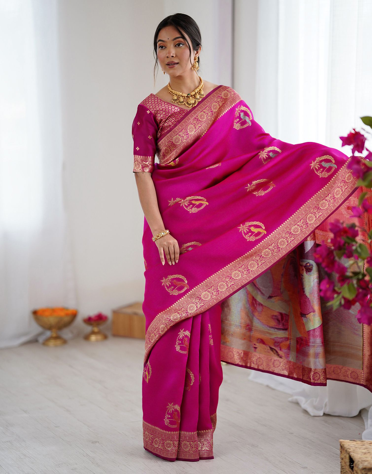 Dark Pink Silk Woven Saree