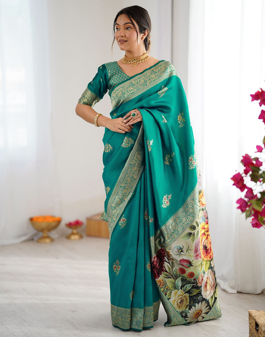 Teal Green Silk Woven Saree
