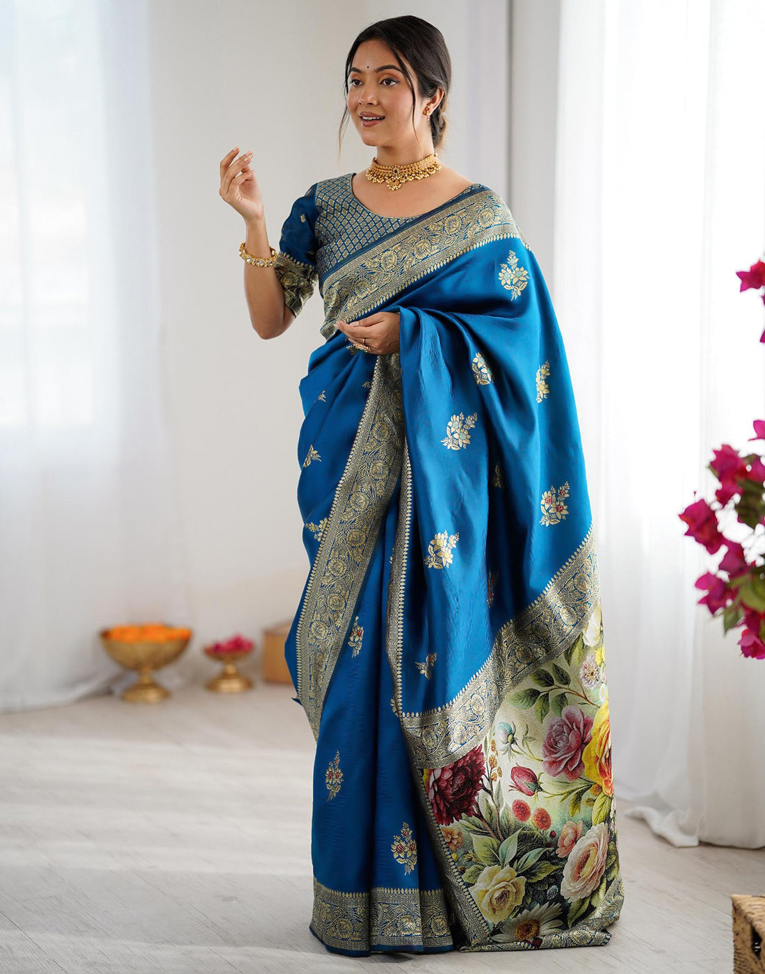 Teal Blue Silk Woven Saree