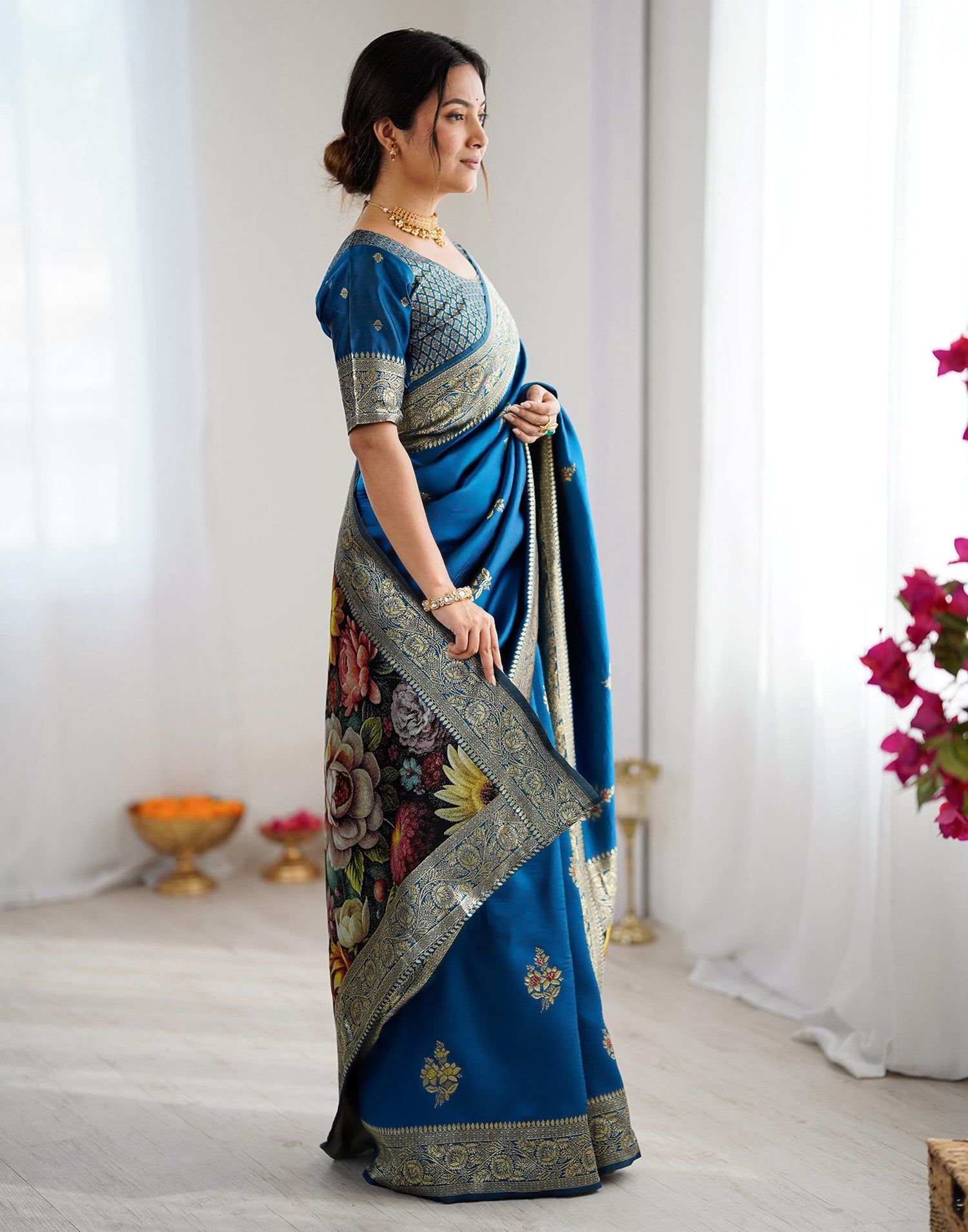 Teal Blue Silk Woven Saree
