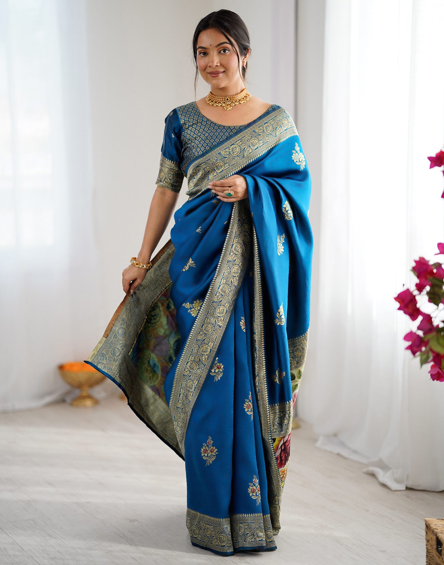 Teal Blue Silk Woven Saree