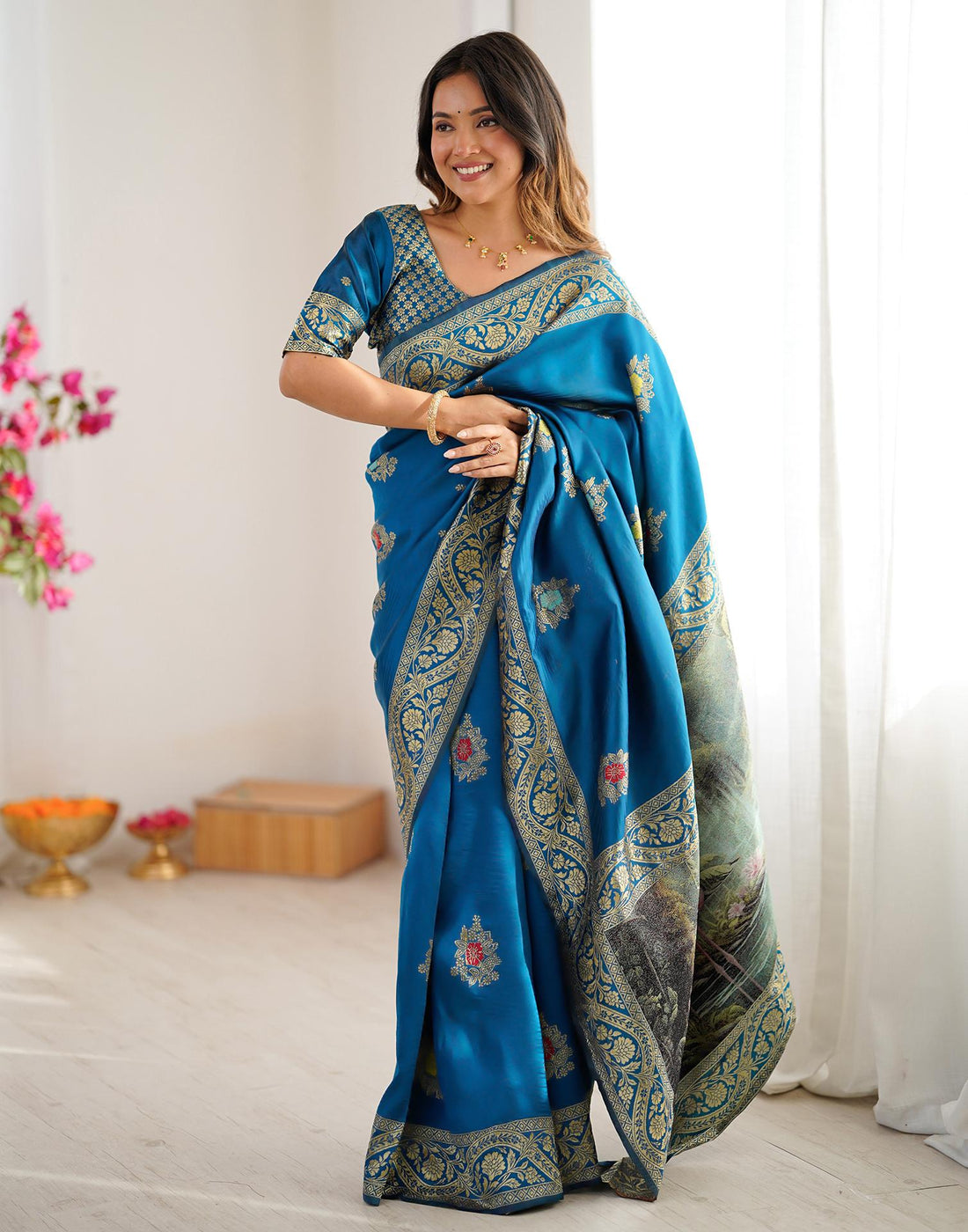 Teal Blue Silk Woven Saree