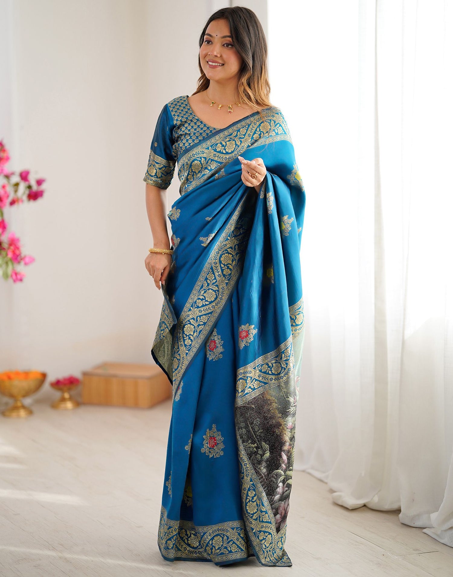 Teal Blue Silk Woven Saree