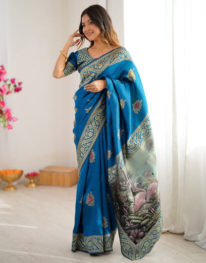 Teal Blue Silk Woven Saree
