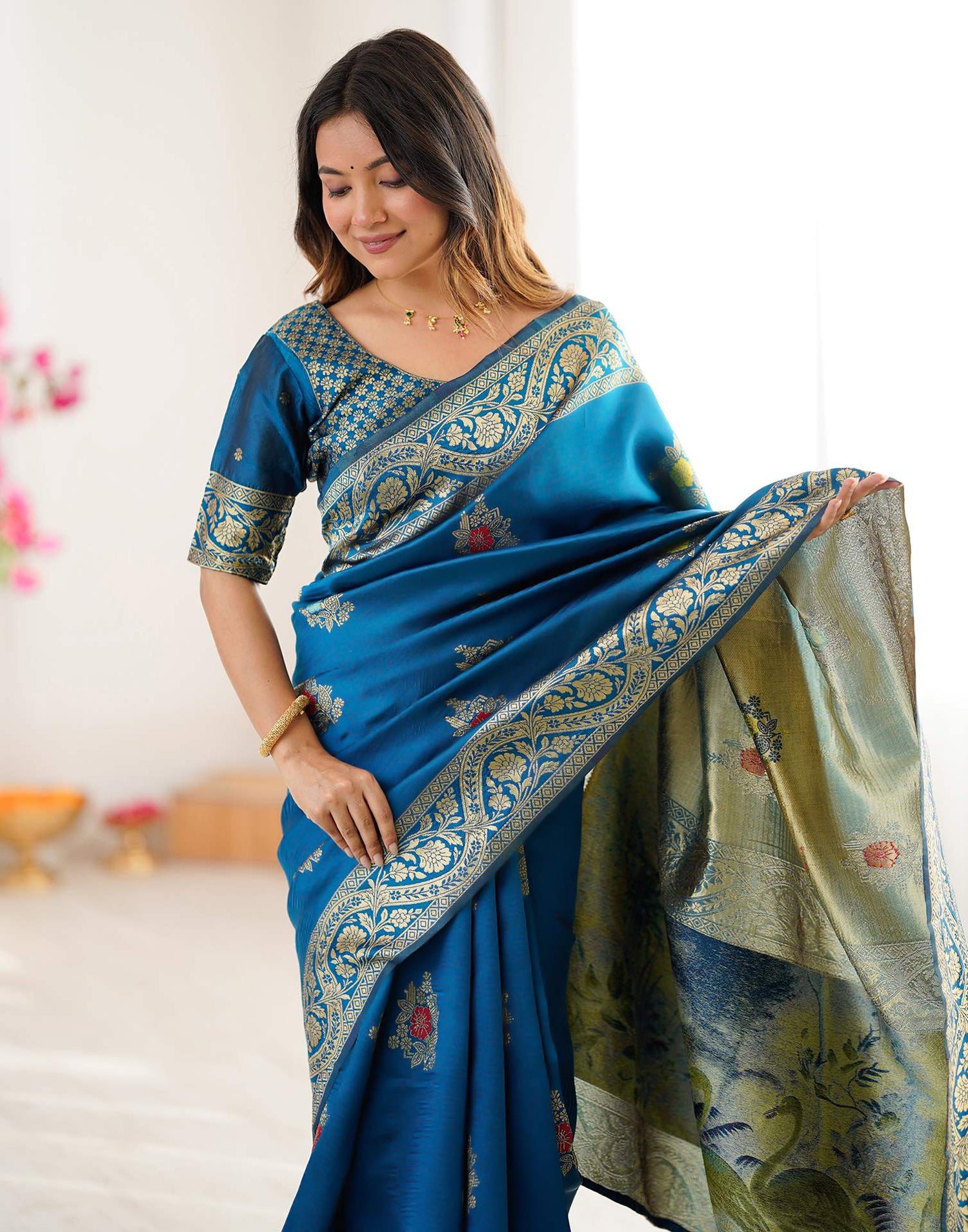 Teal Blue Silk Woven Saree