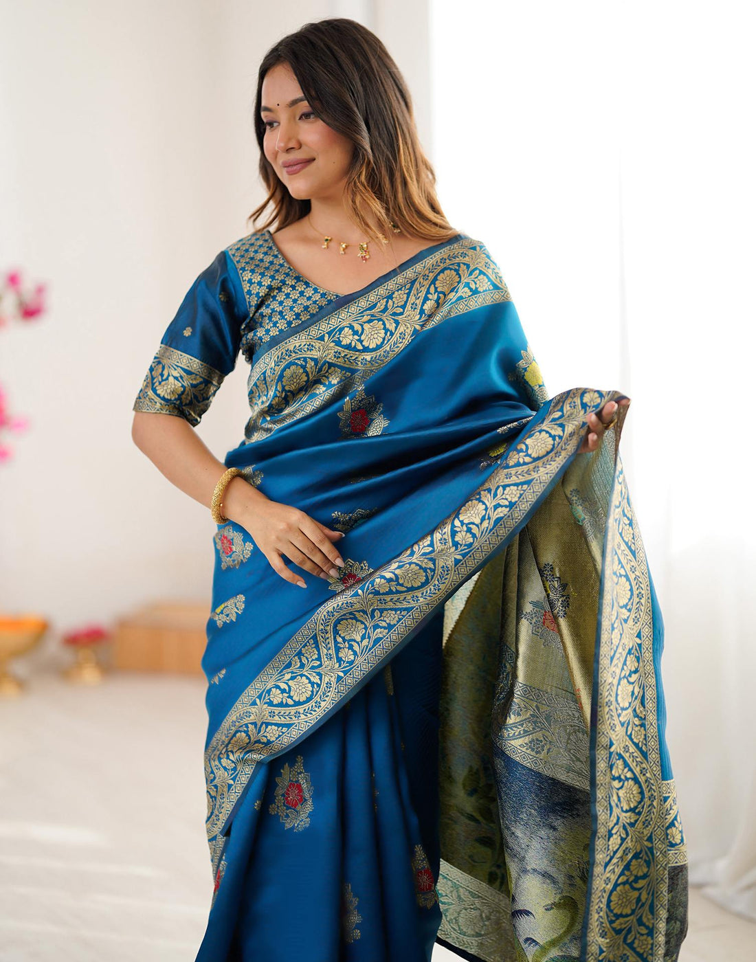 Teal Blue Silk Woven Saree