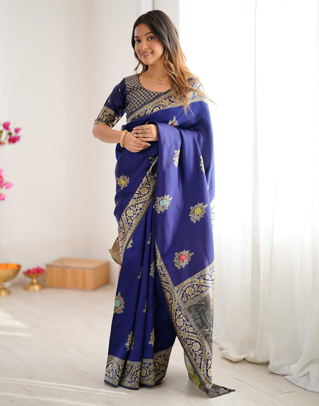 Navy Blue Silk Woven Saree