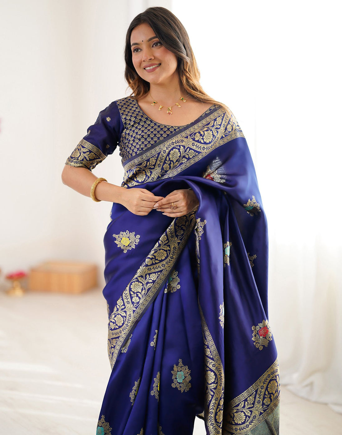 Navy Blue Silk Woven Saree