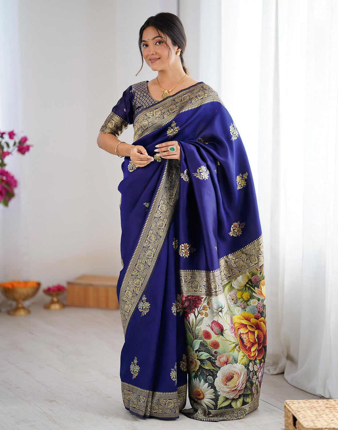 Navy Blue Silk Woven Saree