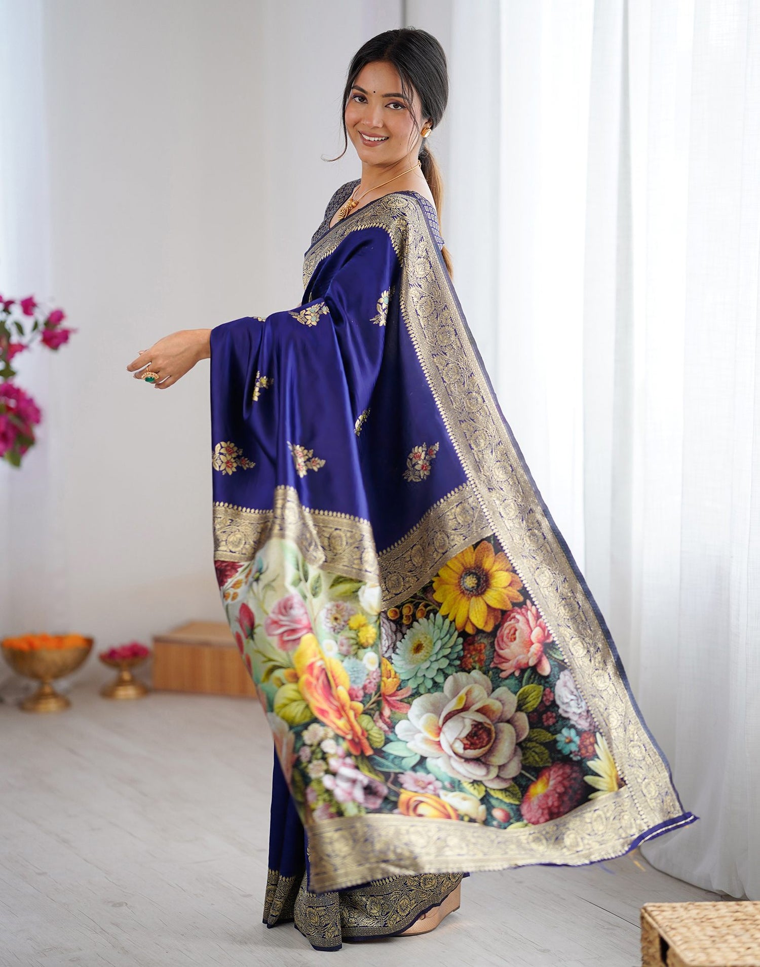 Navy Blue Silk Woven Saree