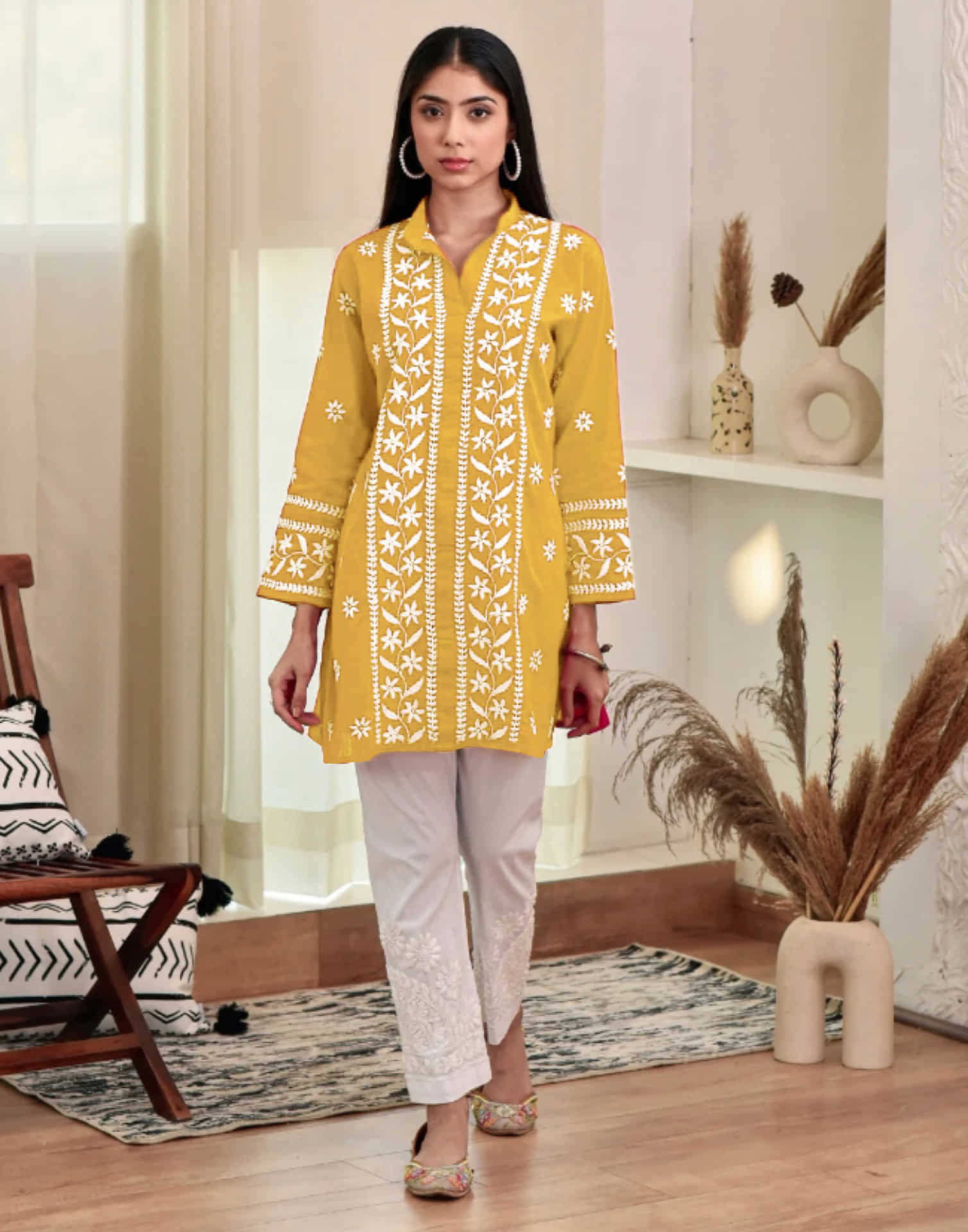 Yellow Chikankari Embroidery Rayon Straight Kurta