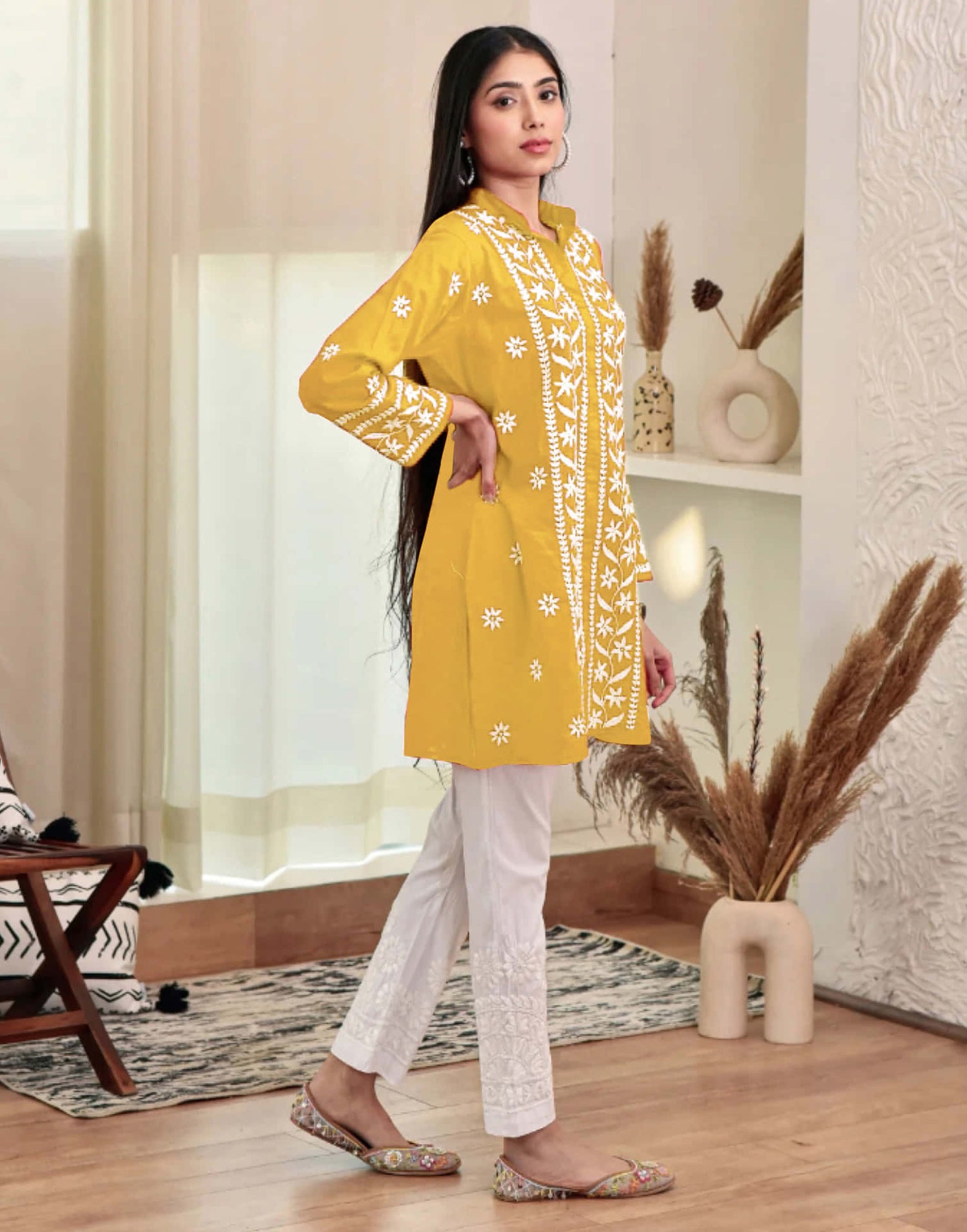 Yellow Chikankari Embroidery Rayon Straight Kurta