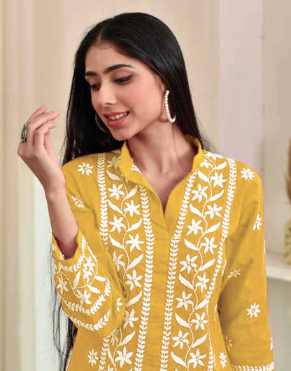 Yellow Chikankari Embroidery Rayon Straight Kurta