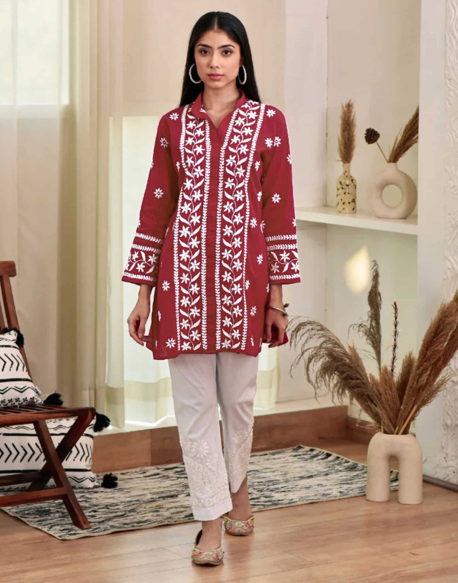 Red Chikankari Embroidery Rayon Straight Kurta