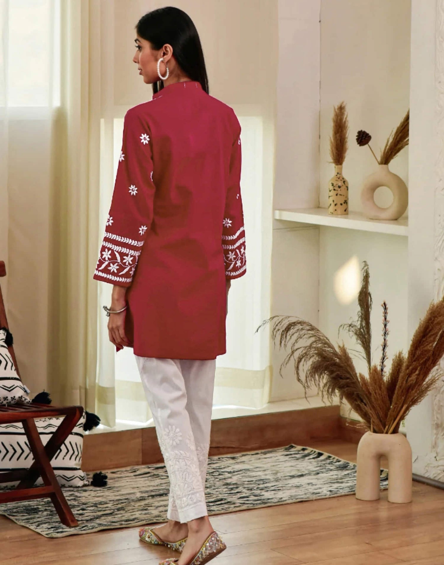 Red Chikankari Embroidery Rayon Straight Kurta