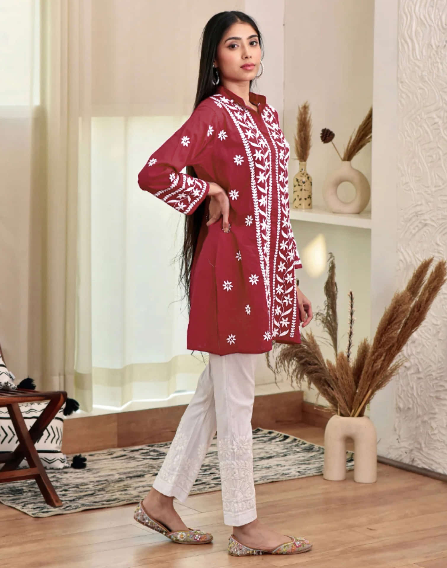 Red Chikankari Embroidery Rayon Straight Kurta