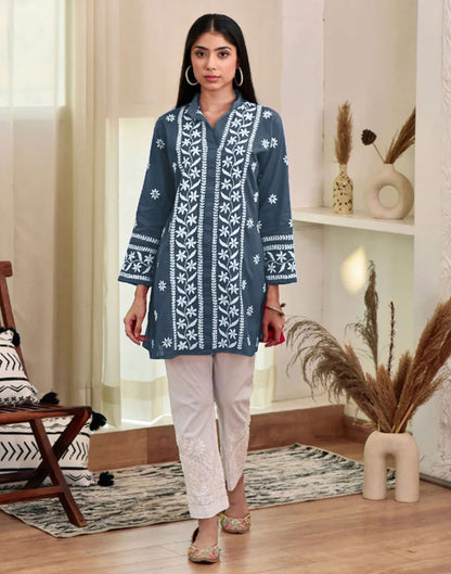 Grey Chikankari Embroidery Rayon Straight Kurta