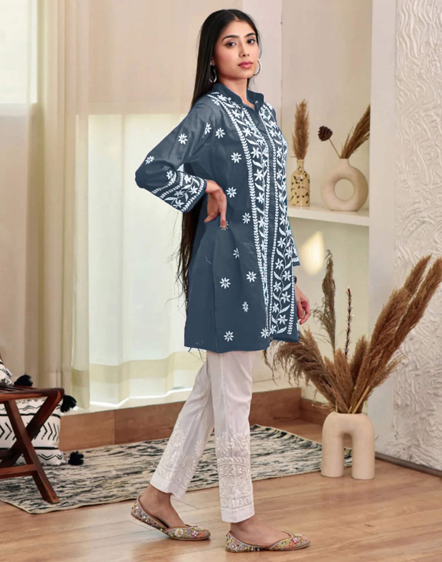 Grey Chikankari Embroidery Rayon Straight Kurta