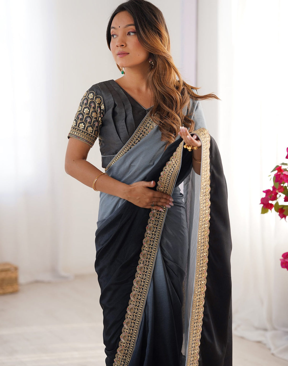 Black Chinnon Sequence Lace Saree