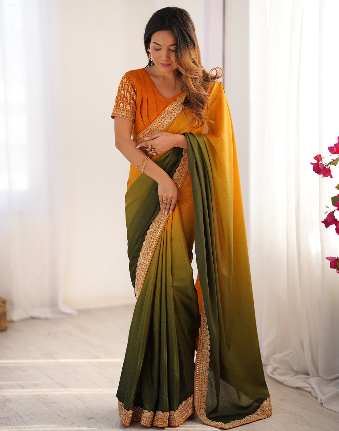 Olive Green Chinnon Sequence Lace Saree