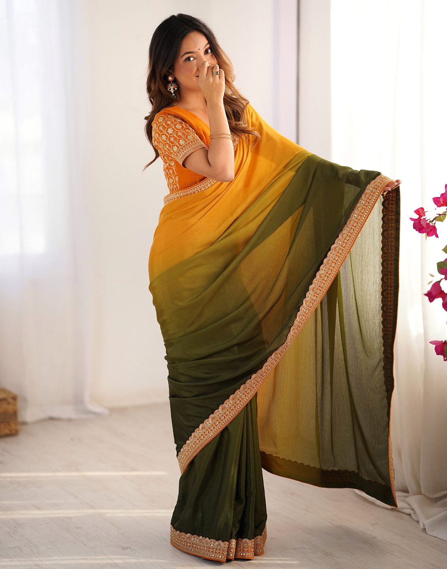 Olive Green Chinnon Sequence Lace Saree