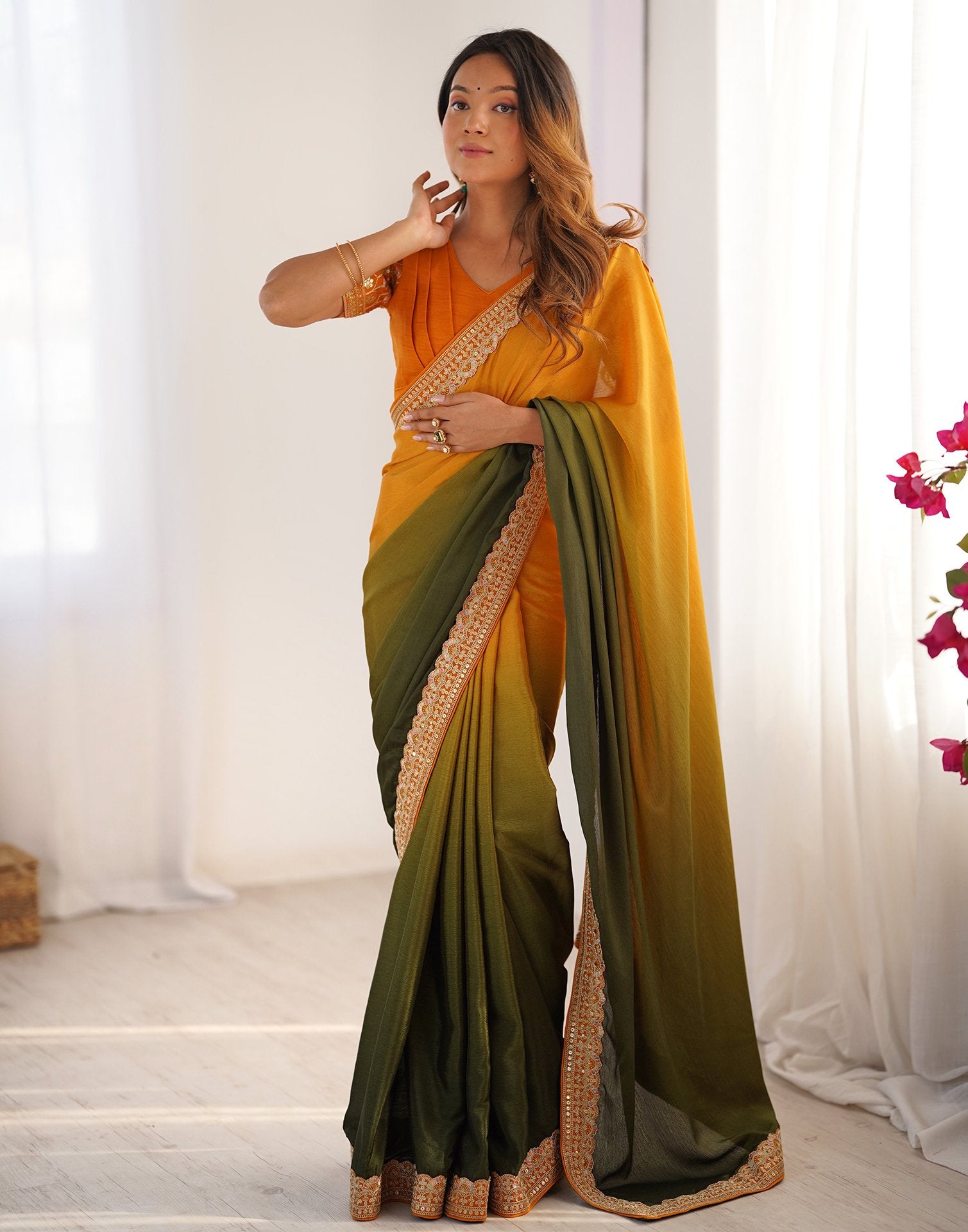 Olive Green Chinnon Sequence Lace Saree