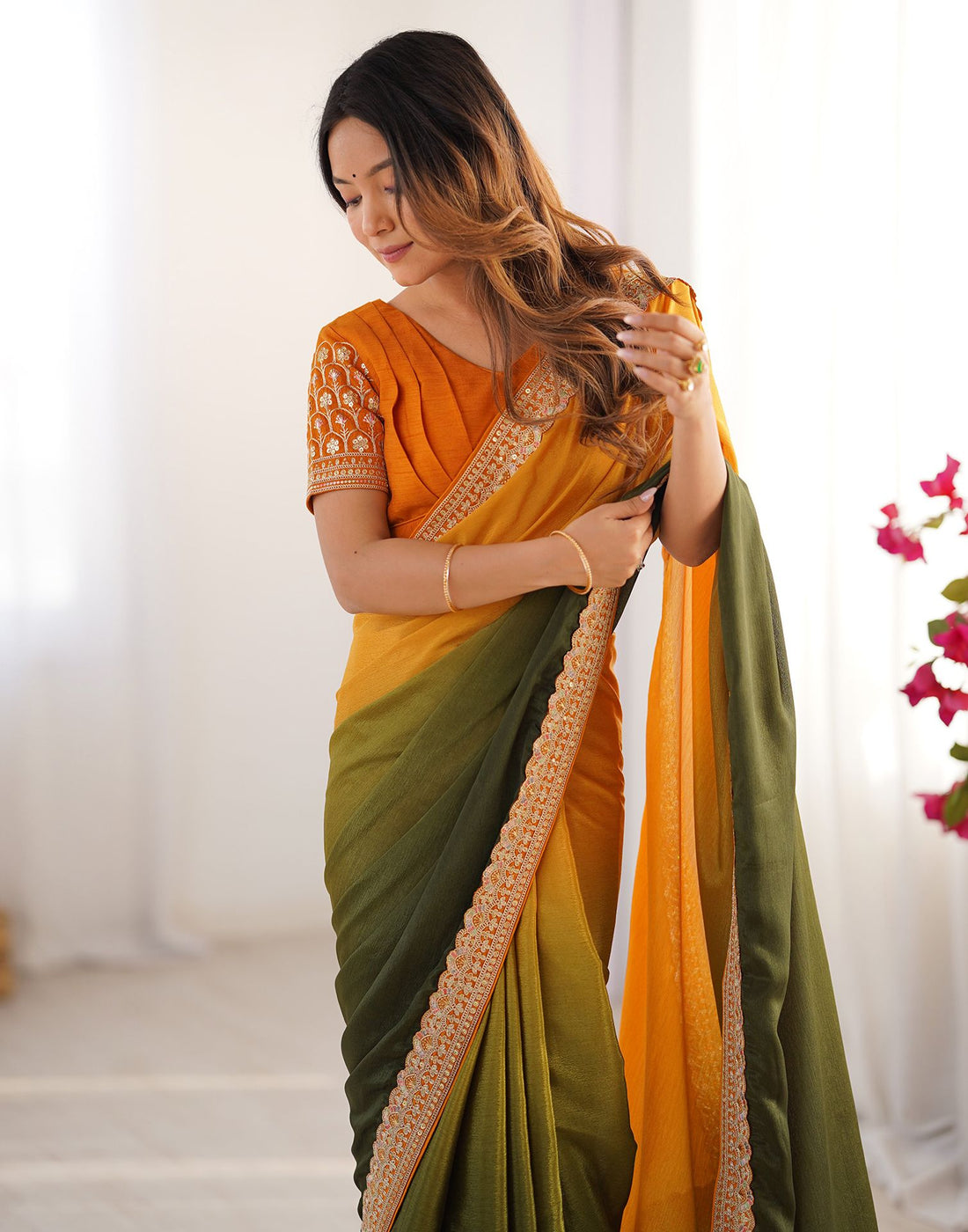 Olive Green Chinnon Sequence Lace Saree