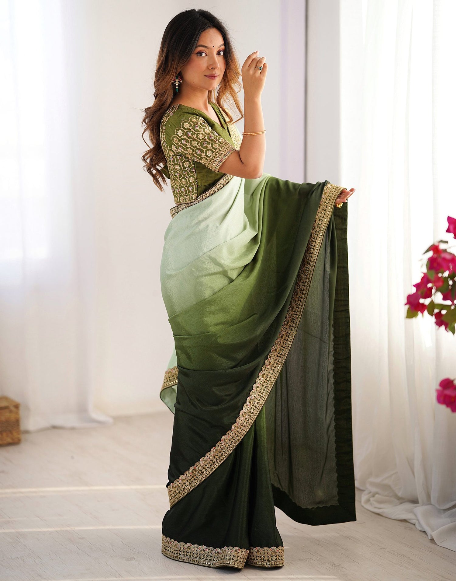 Olive Green Chinnon Sequence Lace Saree