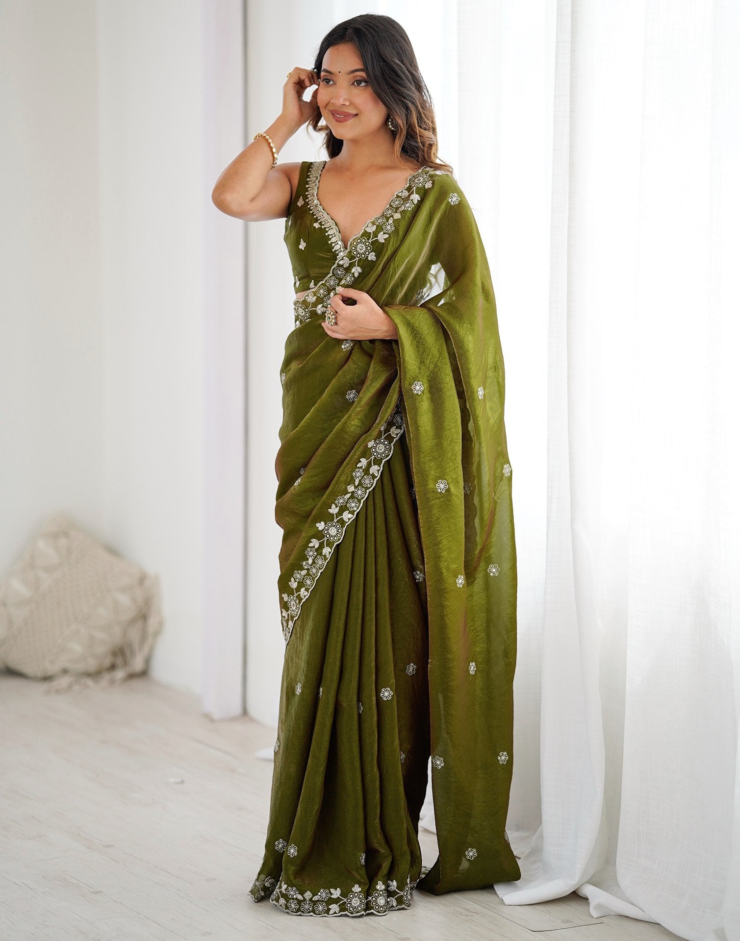 Mehndi Green Tissue Silk Sequence Embroidery Saree