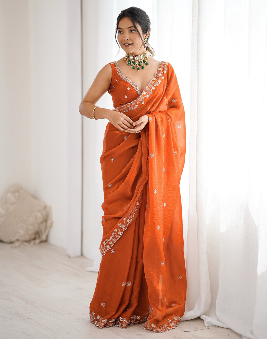 Orange Tissue Silk Sequence Embroidery Saree
