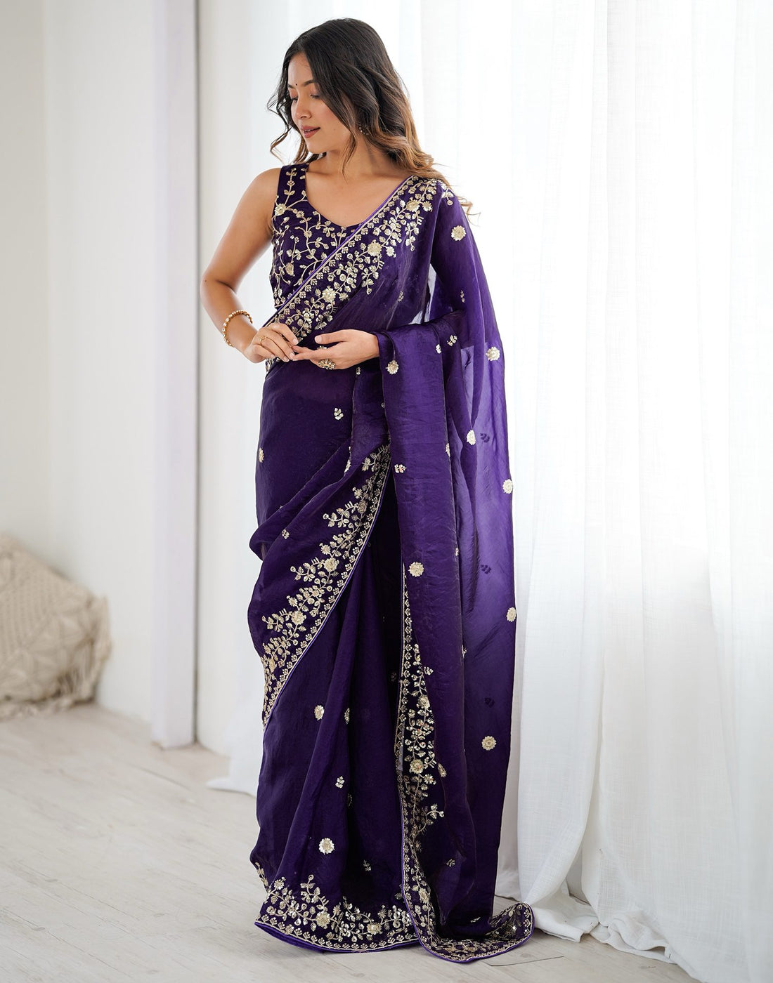 Purple Tissue Silk Sequence Embroidery Saree