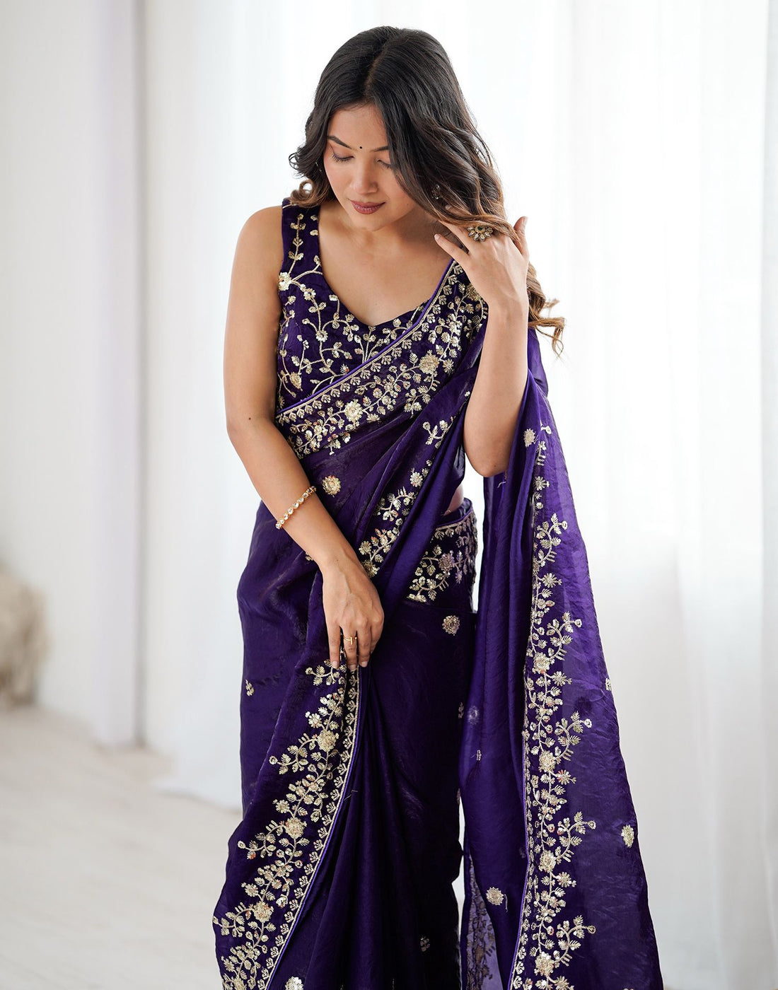Purple Tissue Silk Sequence Embroidery Saree