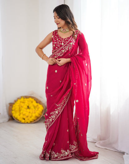 Rani Pink Tissue Silk Sequence Embroidery Saree