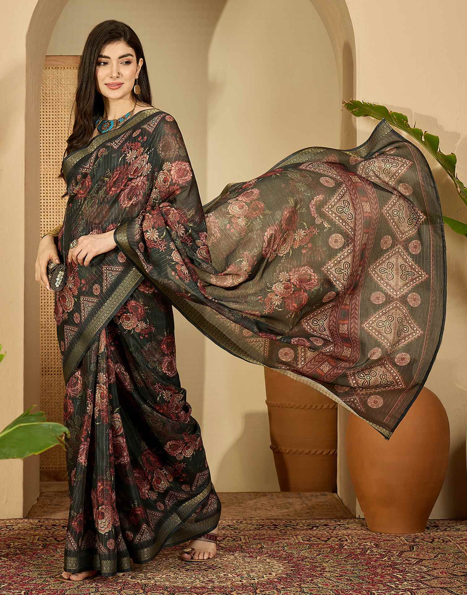 Dark Green Silk Floral Printed Saree