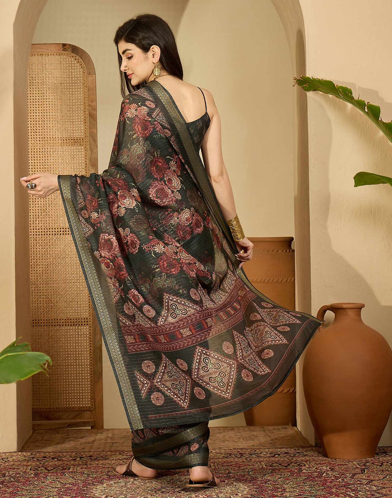 Dark Green Silk Floral Printed Saree