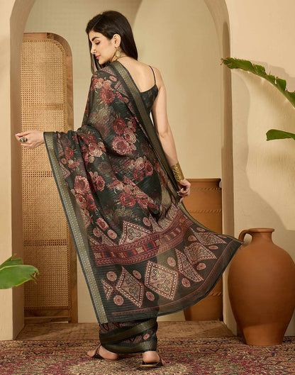 Dark Green Silk Floral Printed Saree