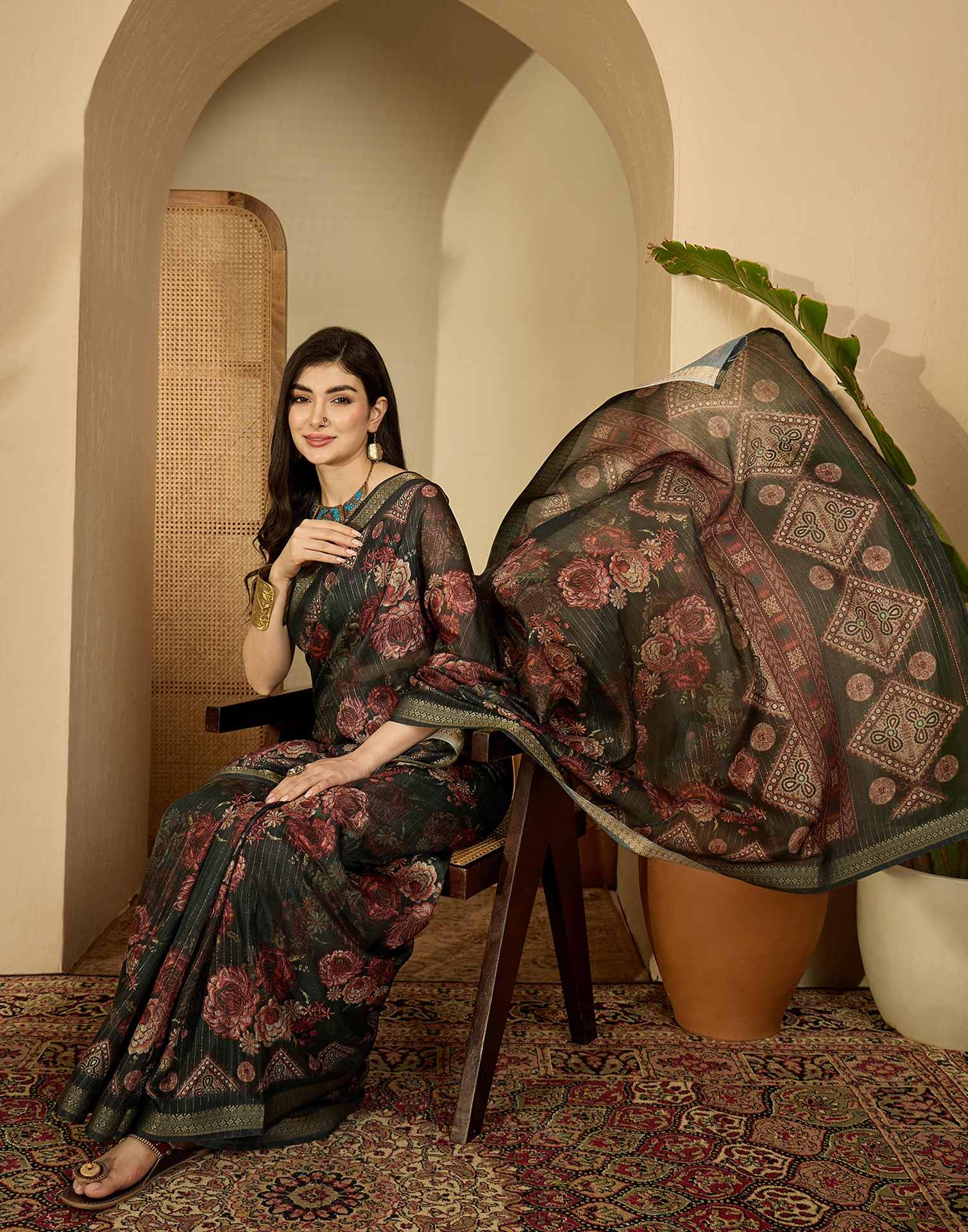 Dark Green Silk Floral Printed Saree