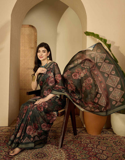Dark Green Silk Floral Printed Saree
