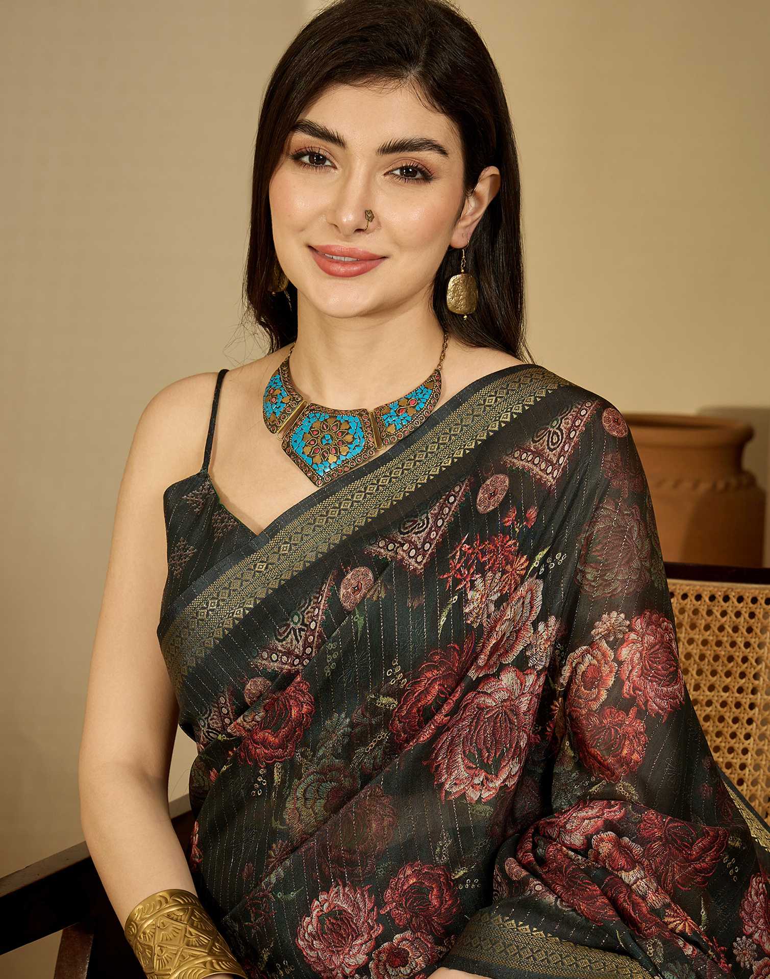 Dark Green Silk Floral Printed Saree