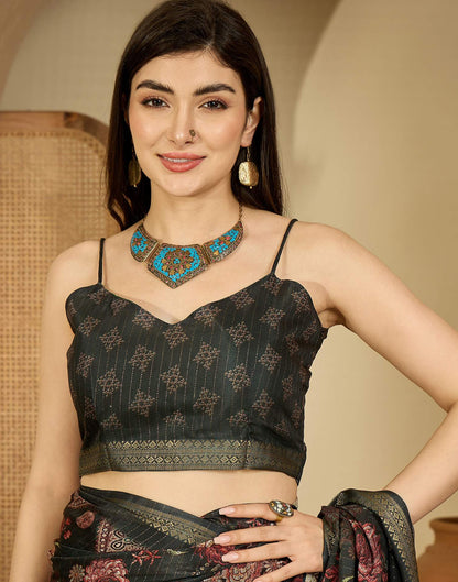 Dark Green Silk Floral Printed Saree