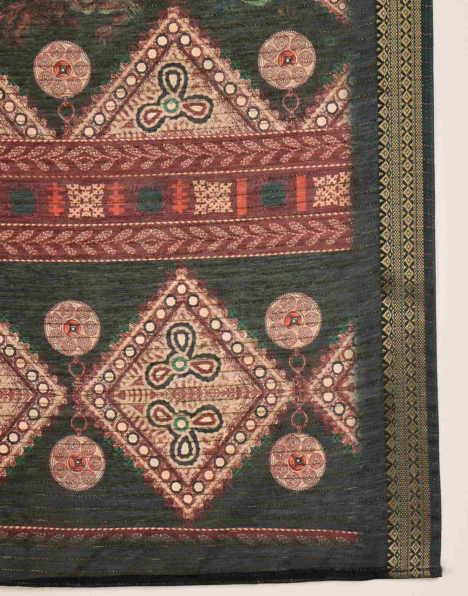 Dark Green Silk Floral Printed Saree