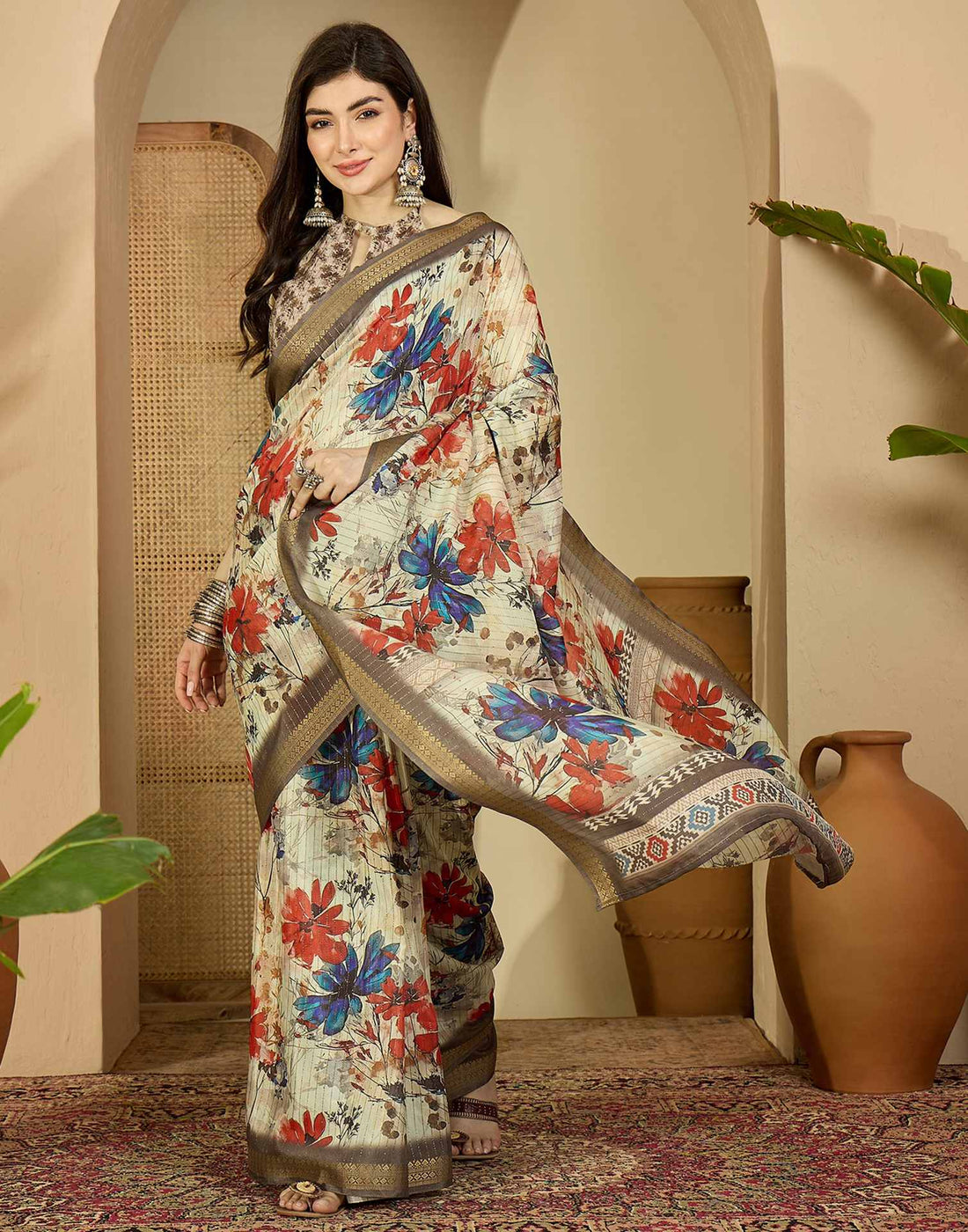 Multicoloured Silk Floral Printed Saree