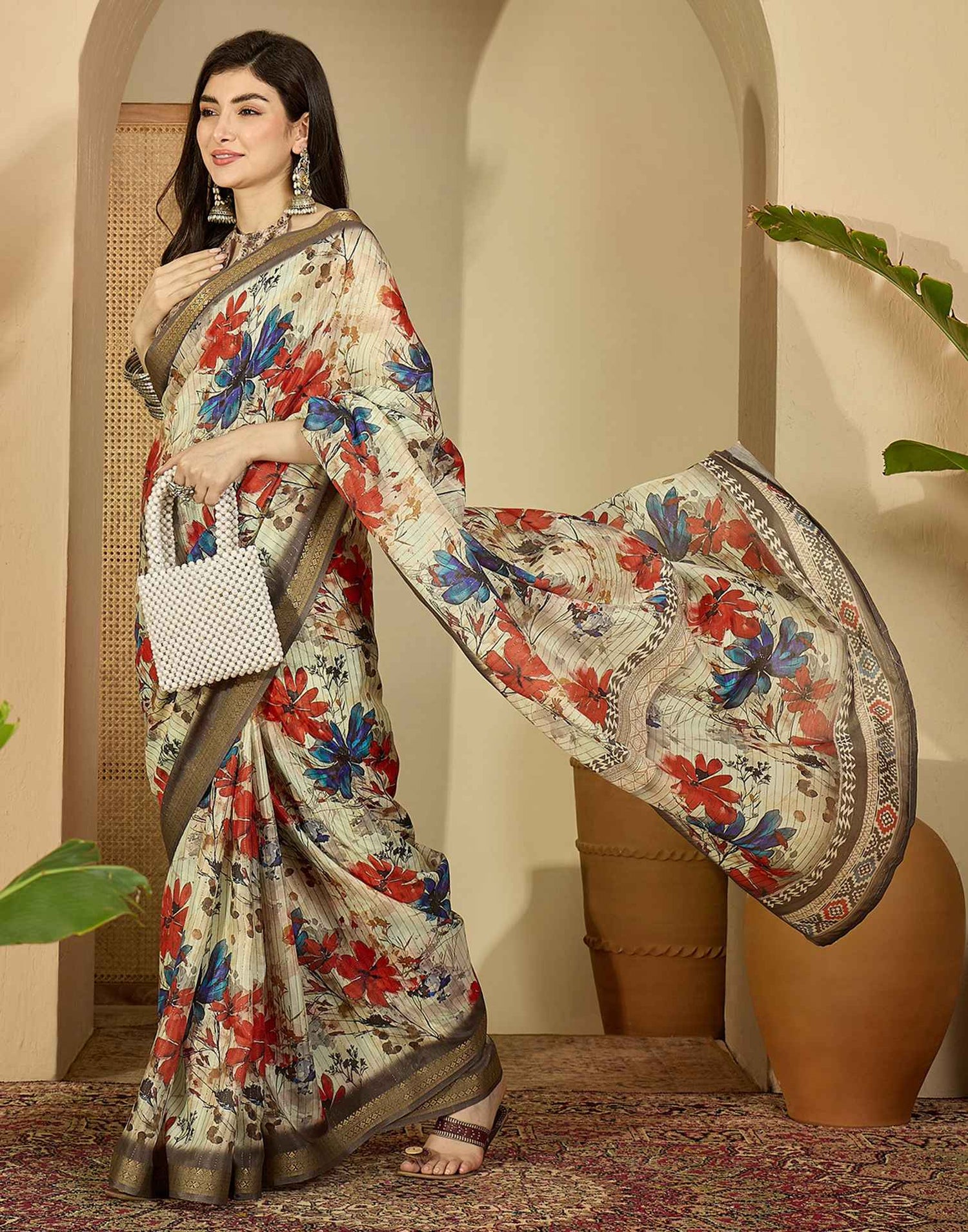 Multicoloured Silk Floral Printed Saree