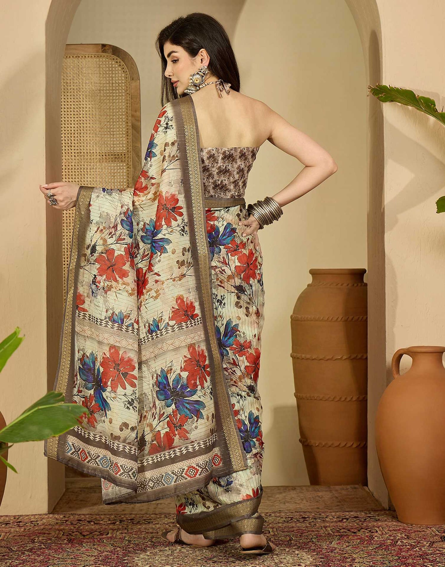 Multicoloured Silk Floral Printed Saree