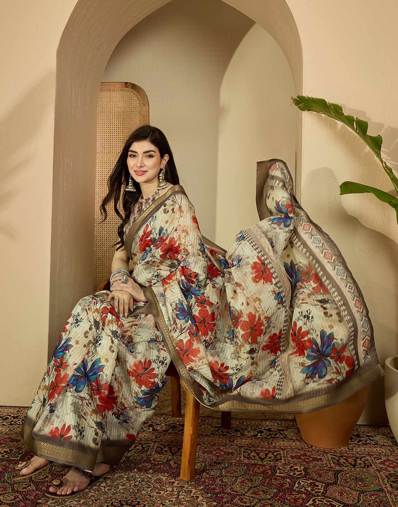 Multicoloured Silk Floral Printed Saree