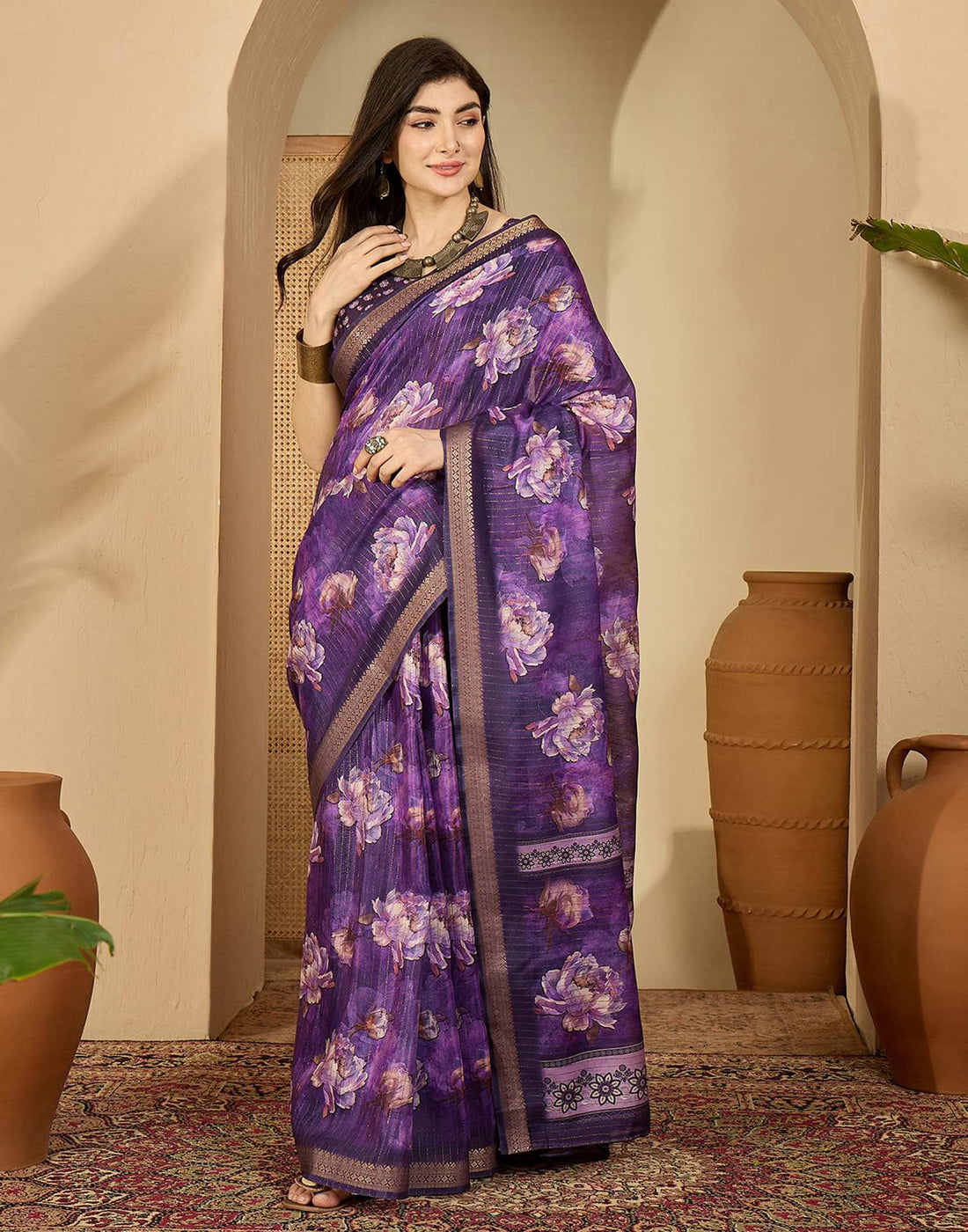 Purple Silk Floral Printed Saree