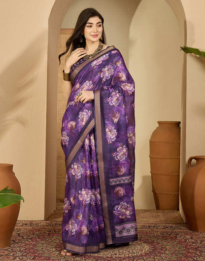 Purple Silk Floral Printed Saree