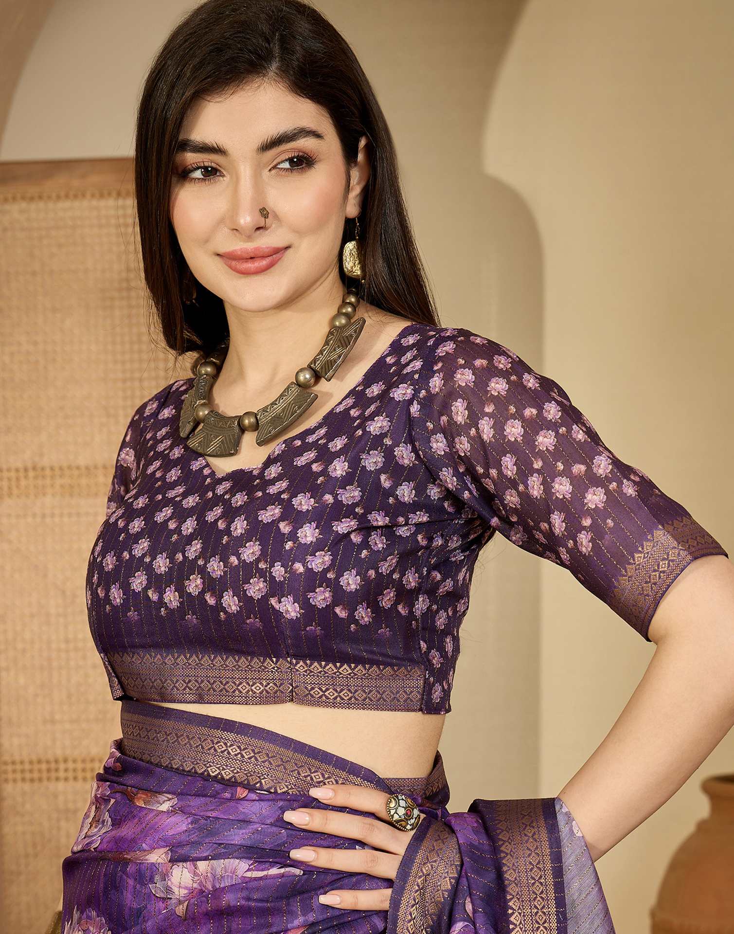Purple Silk Floral Printed Saree